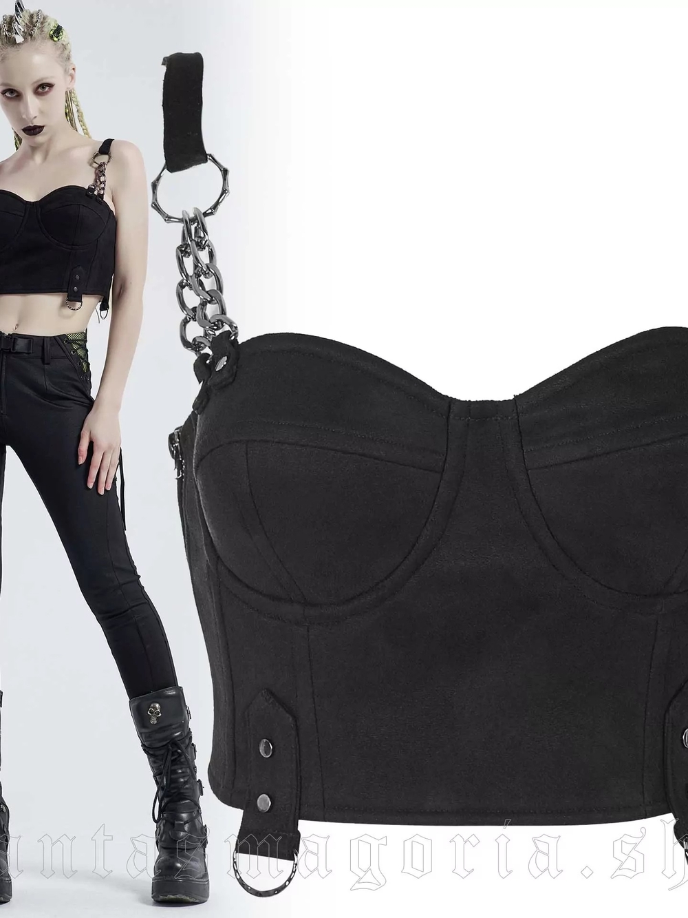 Punk Rave Twisted Sister Crop Black Chain-Detail Bustier Crop Top